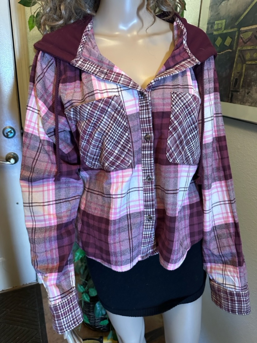 Plaid Button-Up Hooded Shirt in Purple and Pink front pockets will fit med & lg